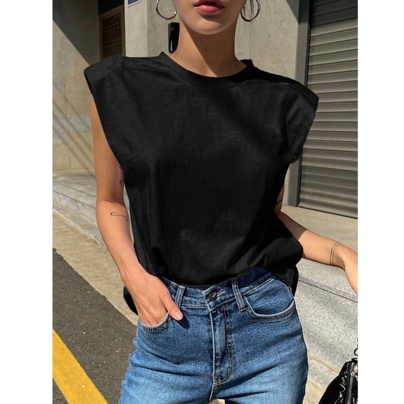 Cotton Padded Shoulders Black Muscle Tee Shirt Stretchy Round Neck - Picture 6 of 8